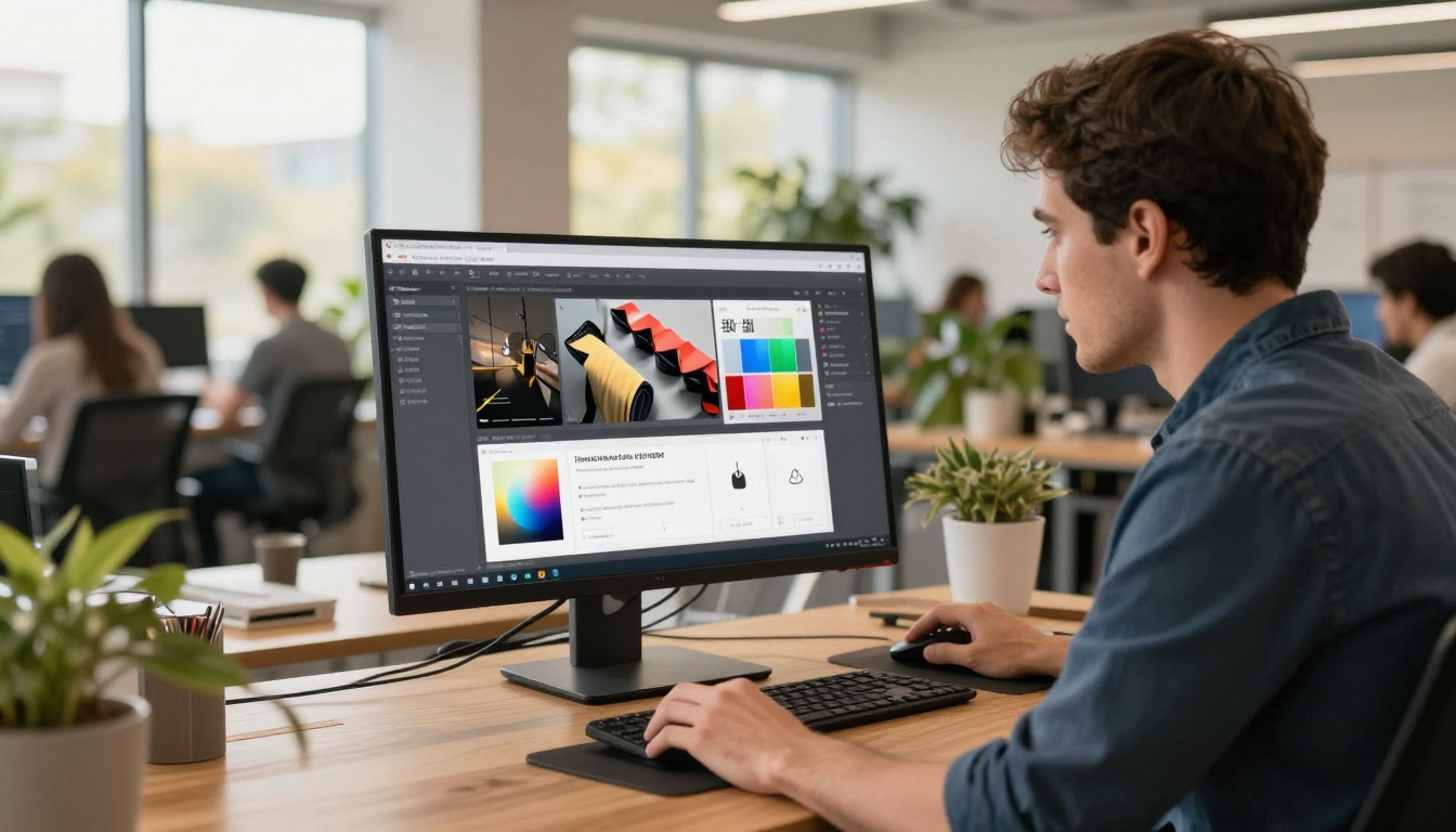 Man at a large monitor customizing flipbook brand colors and font options