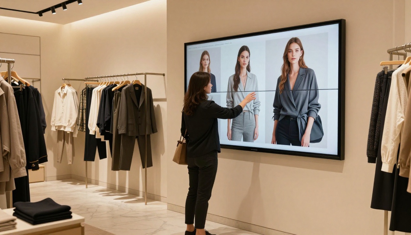 Stylish saleswoman in fashion boutique assisting customer browsing digital lookbook on wall-mounted display screen Stylish saleswoman in fashion boutique assisting customer browsing digital lookbook on wall-mounted display screen