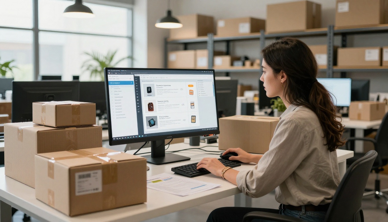 Professional woman at standing desk reviewing digital catalog on dual monitors in modern warehouse office Professional woman at standing desk reviewing digital catalog on dual monitors in modern warehouse office