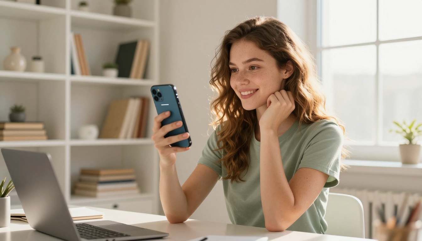 Woman sharing a flipbook link on a smartphone in a minimal home office