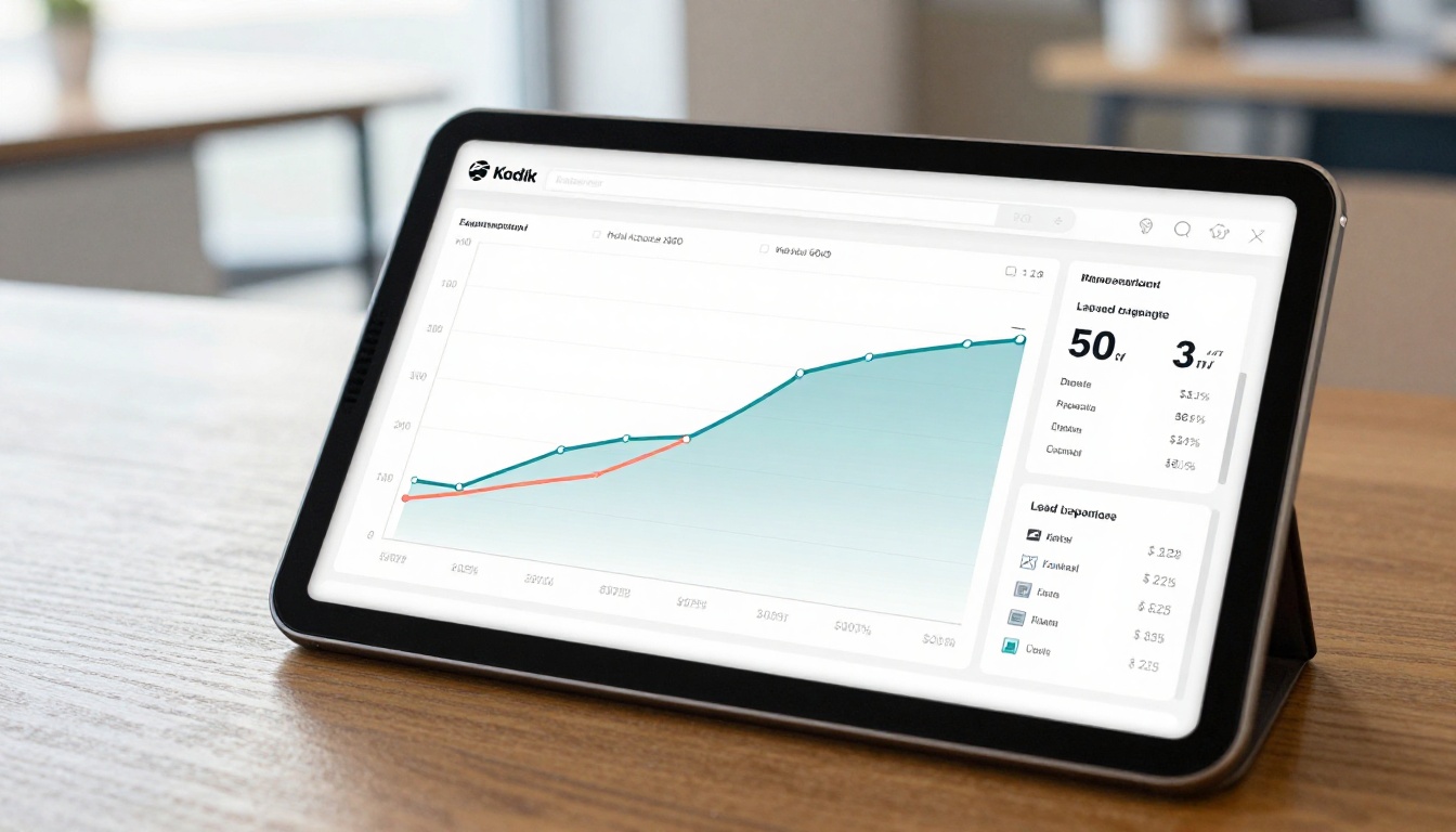 Tablet screen showing a flipbook analytics dashboard with view counts and data graphs