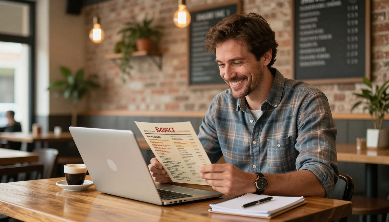 Small business owner reviewing a restaurant menu flipbook on a laptop at a cafe table