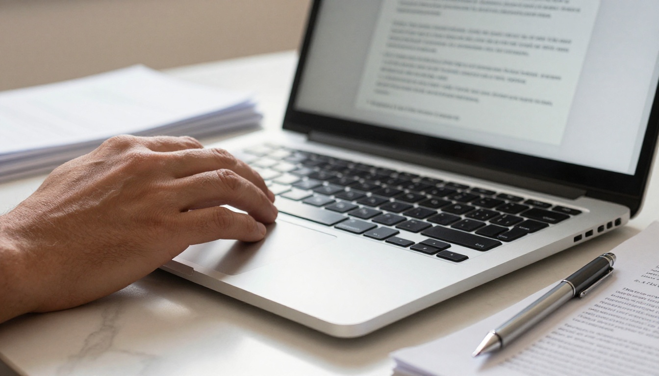 Hands resting on laptop keyboard with PDF document on screen, natural light on marble desk