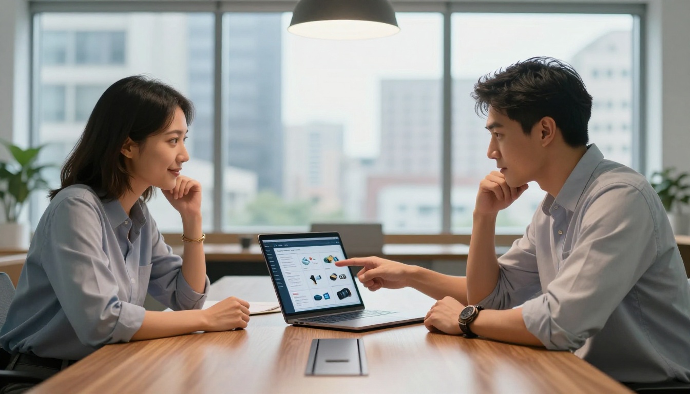 Two business professionals reviewing interactive digital catalog on laptop in modern office