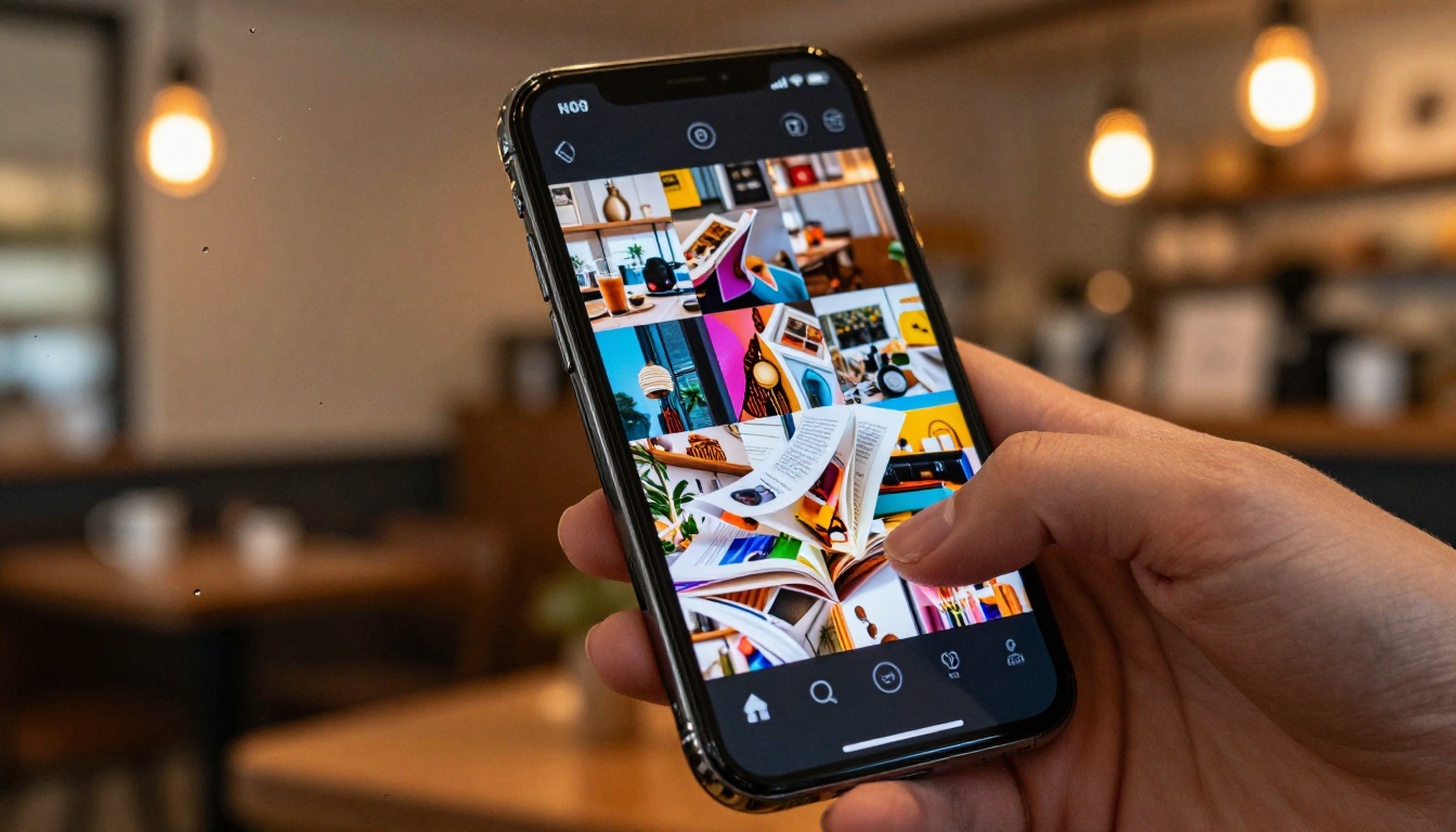 Smartphone showing page-turning flipbook animation, warm coffee shop background