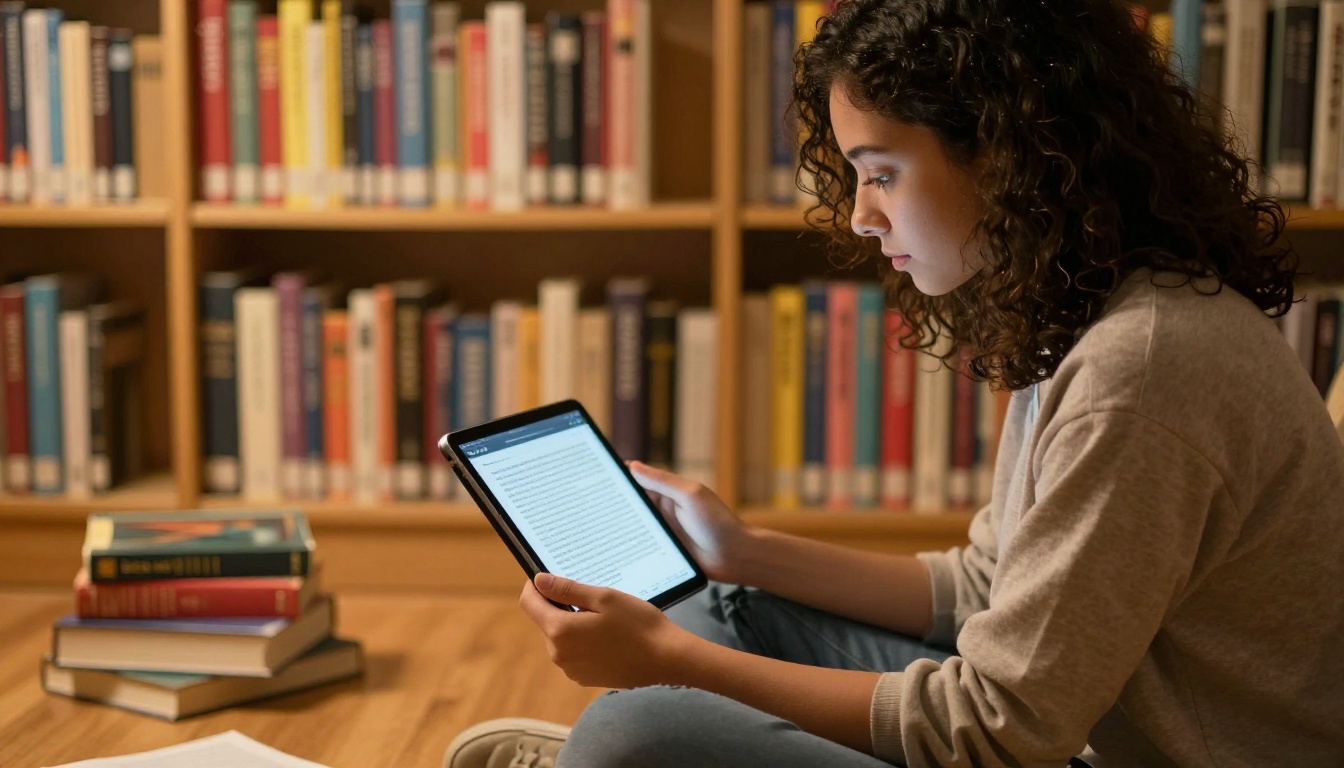 University student with tablet reading digital e-book in library surrounded by physical books