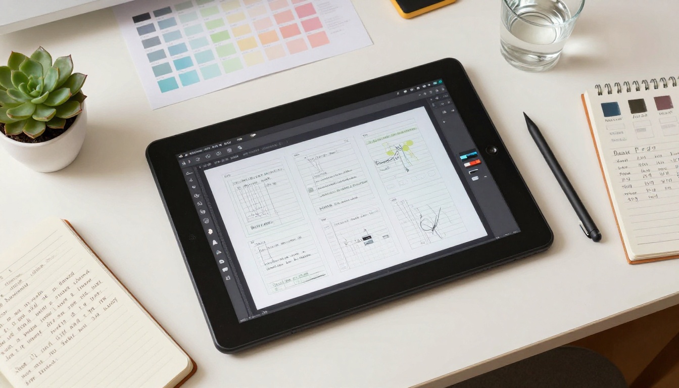Aerial overhead view of graphic designer's flat-lay workspace with drawing tablet, color swatches, and notebooks