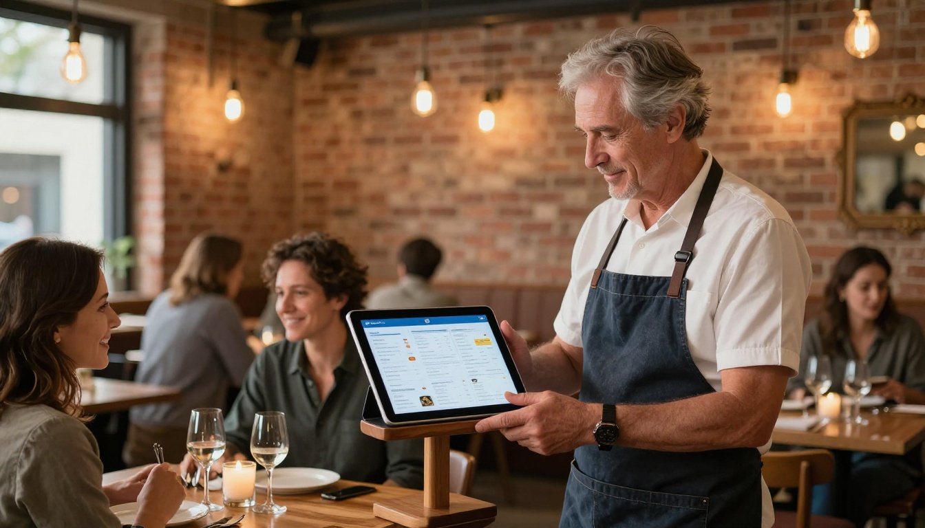Restaurant owner showing digital menu flipbook on iPad to couple at candlelit table