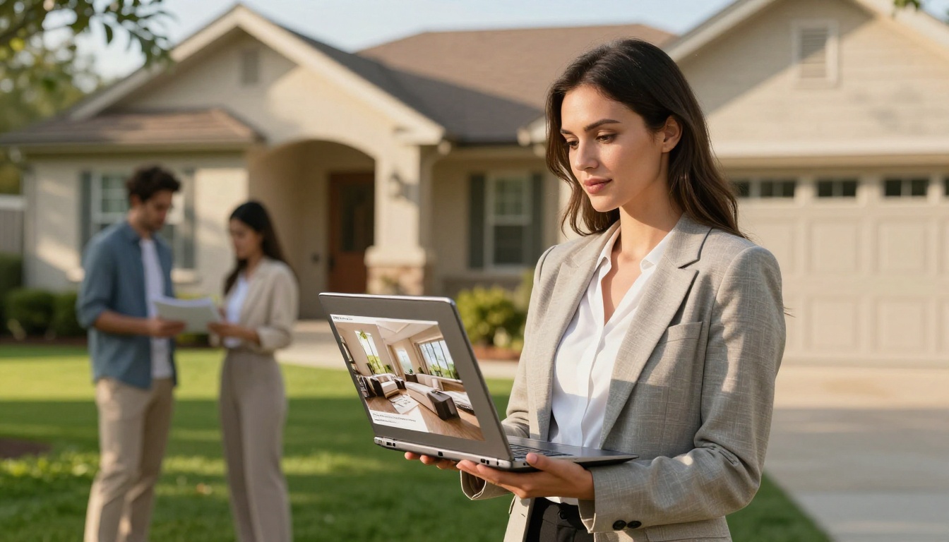 Real estate agent holding laptop with property brochure flipbook outside suburban house