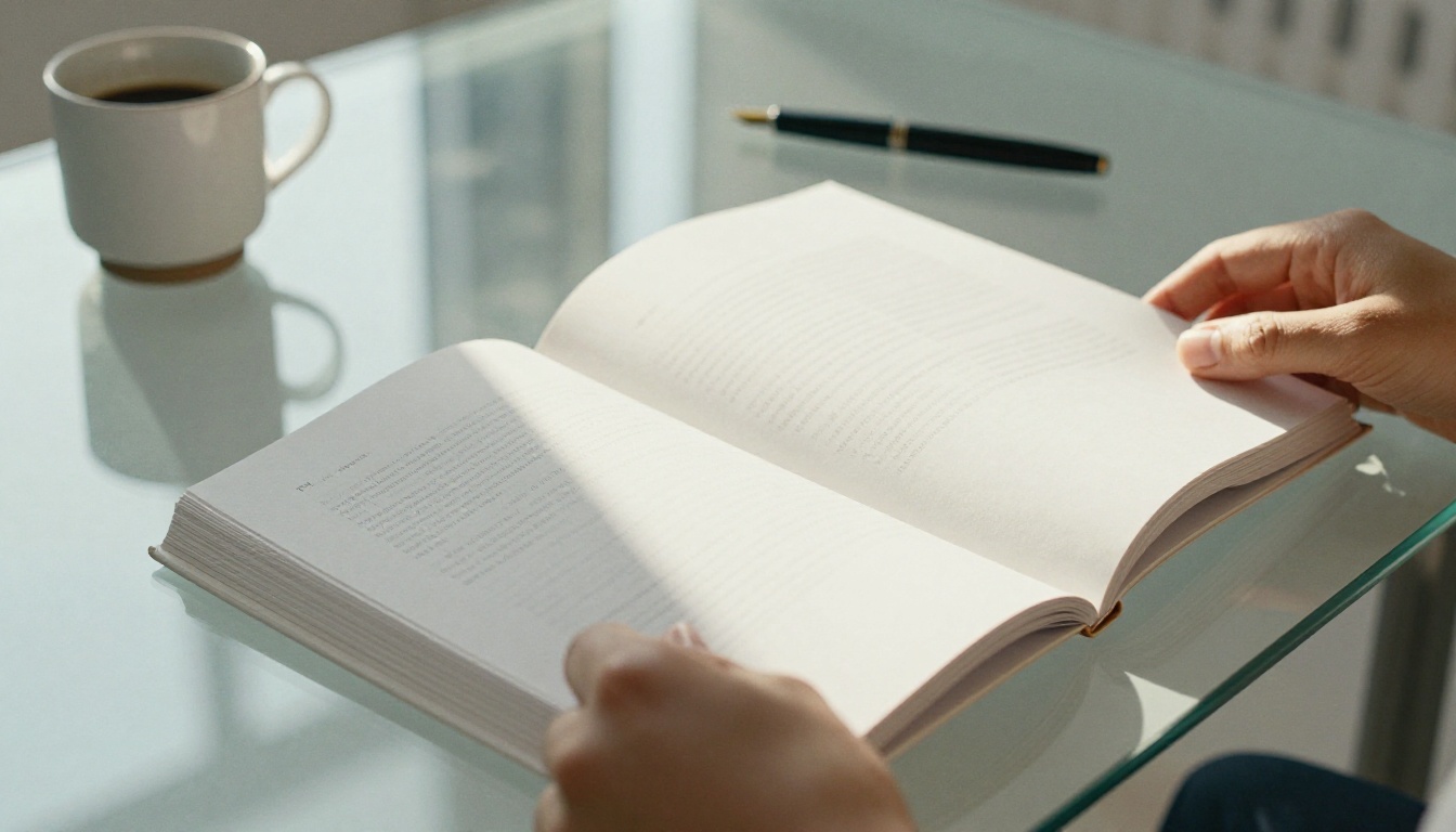 Hands flipping through a professional pitch deck on a glass desk with natural window light