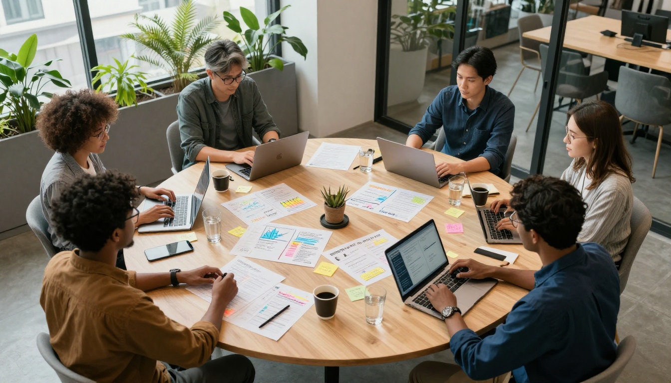 Aerial view of a startup team reviewing pitch deck slides spread across a round table in a co-working space