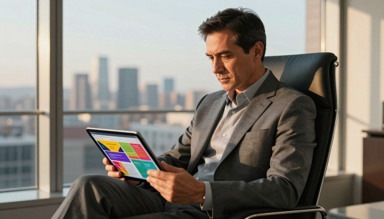 An investor in a tailored suit reviewing a digital flipbook on a tablet in a glass-walled office with city skyline