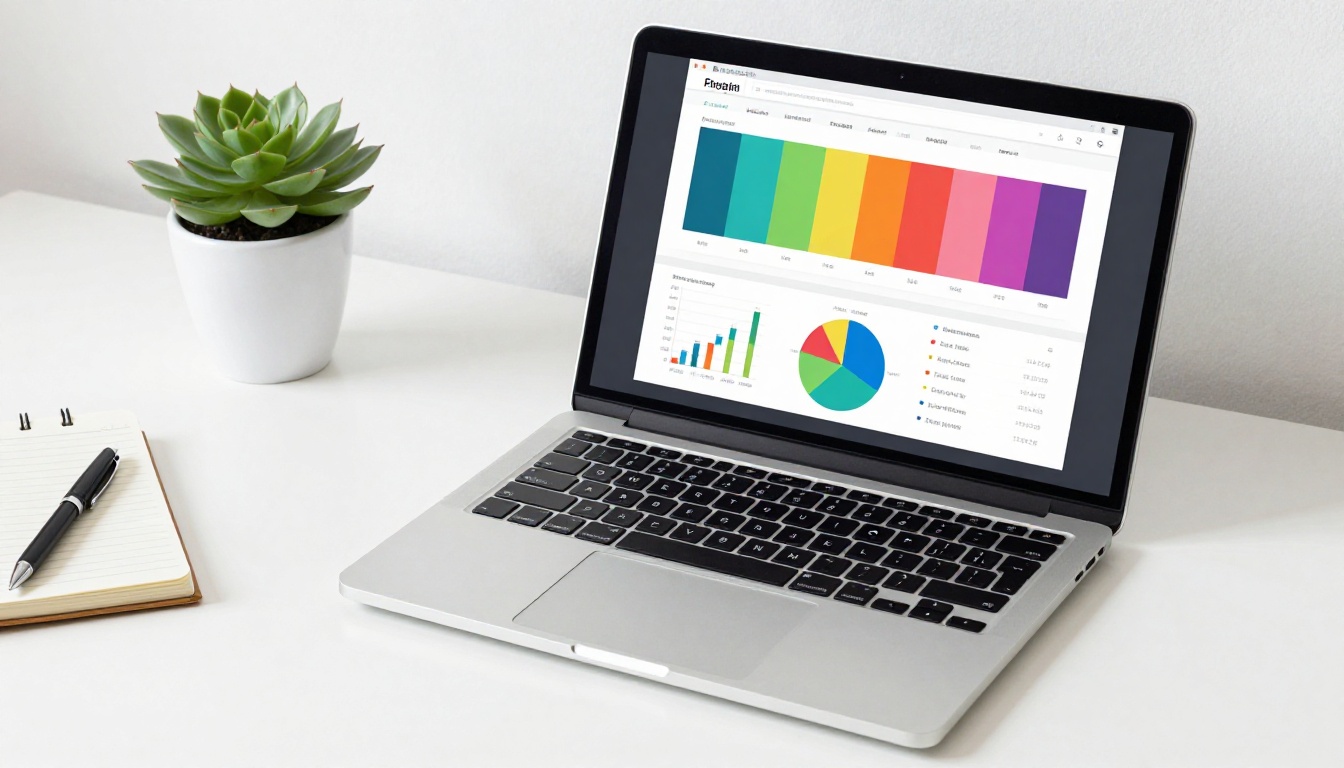 MacBook on a minimalist white desk showing a vibrant pitch deck flipbook with colorful graphs