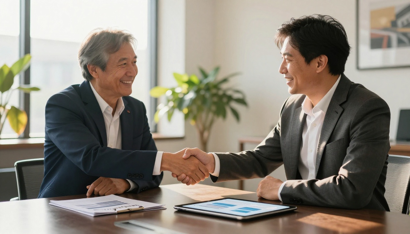 Two professionals shaking hands over a conference table with a pitch booklet and tablet visible between them
