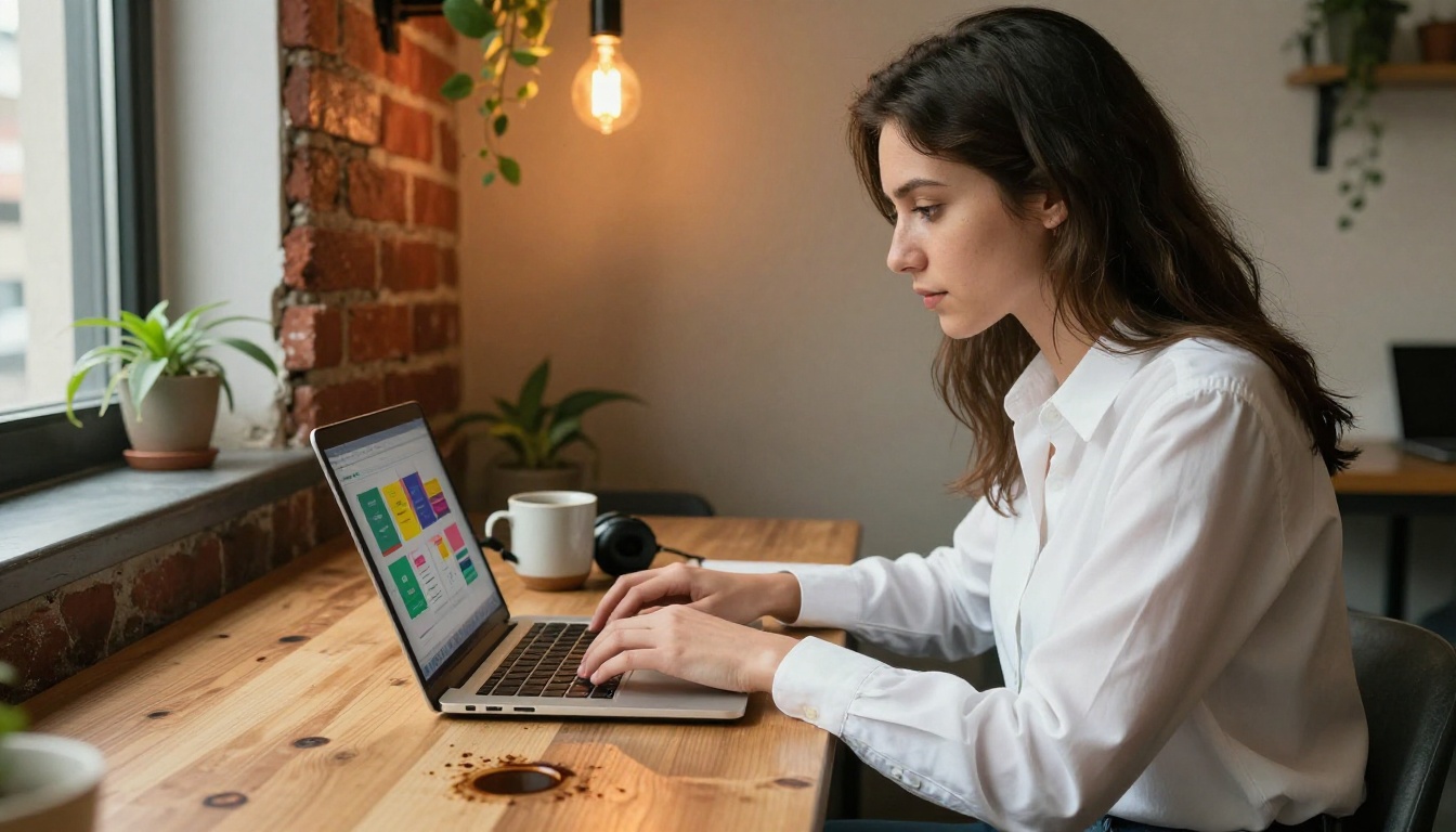 Young professional woman typing on a laptop in a brick-walled co-working space with warm Edison bulb lighting