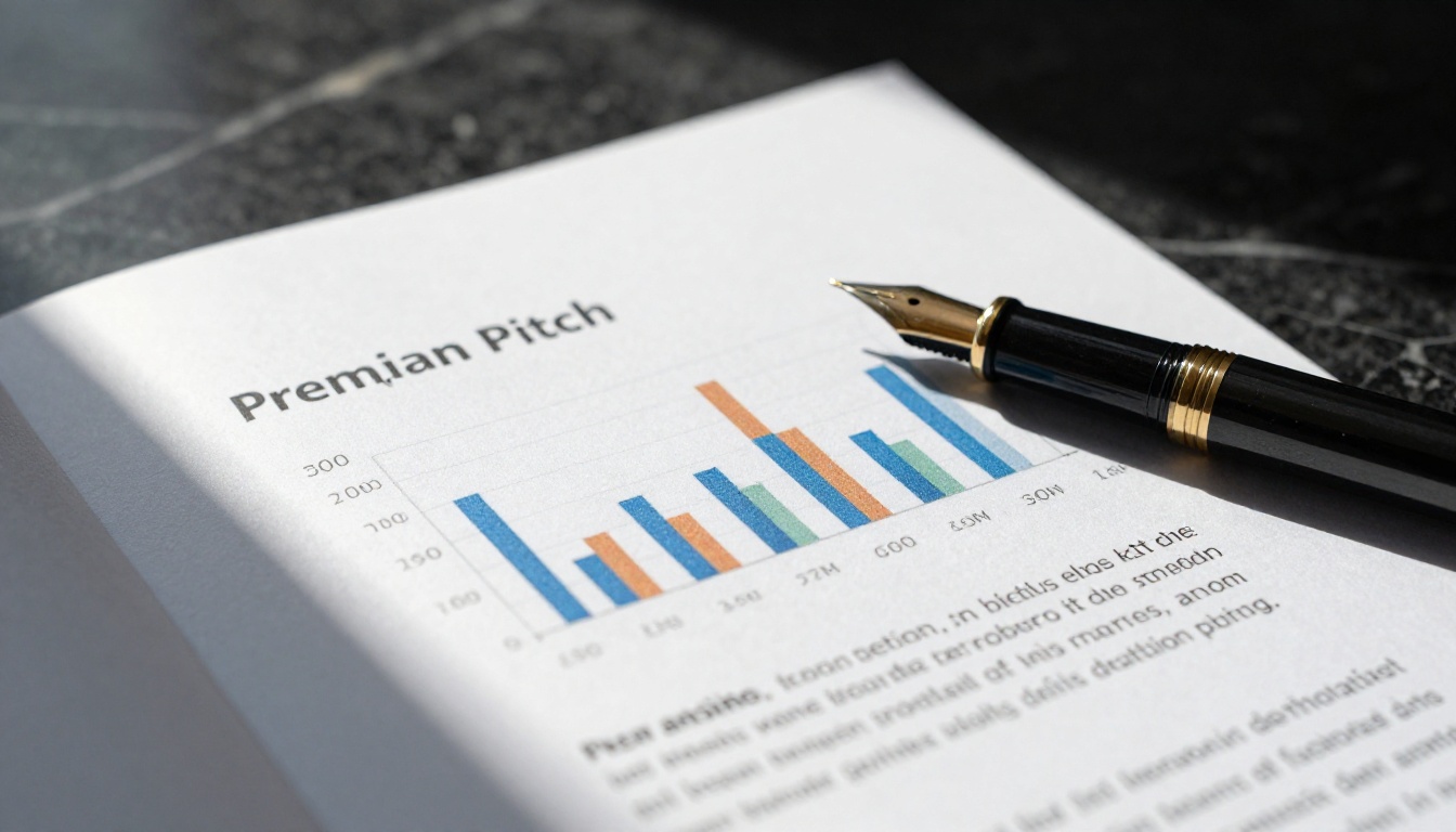 Close-up of a premium pitch deck traction page on dark marble with a fountain pen, paper texture in sharp detail