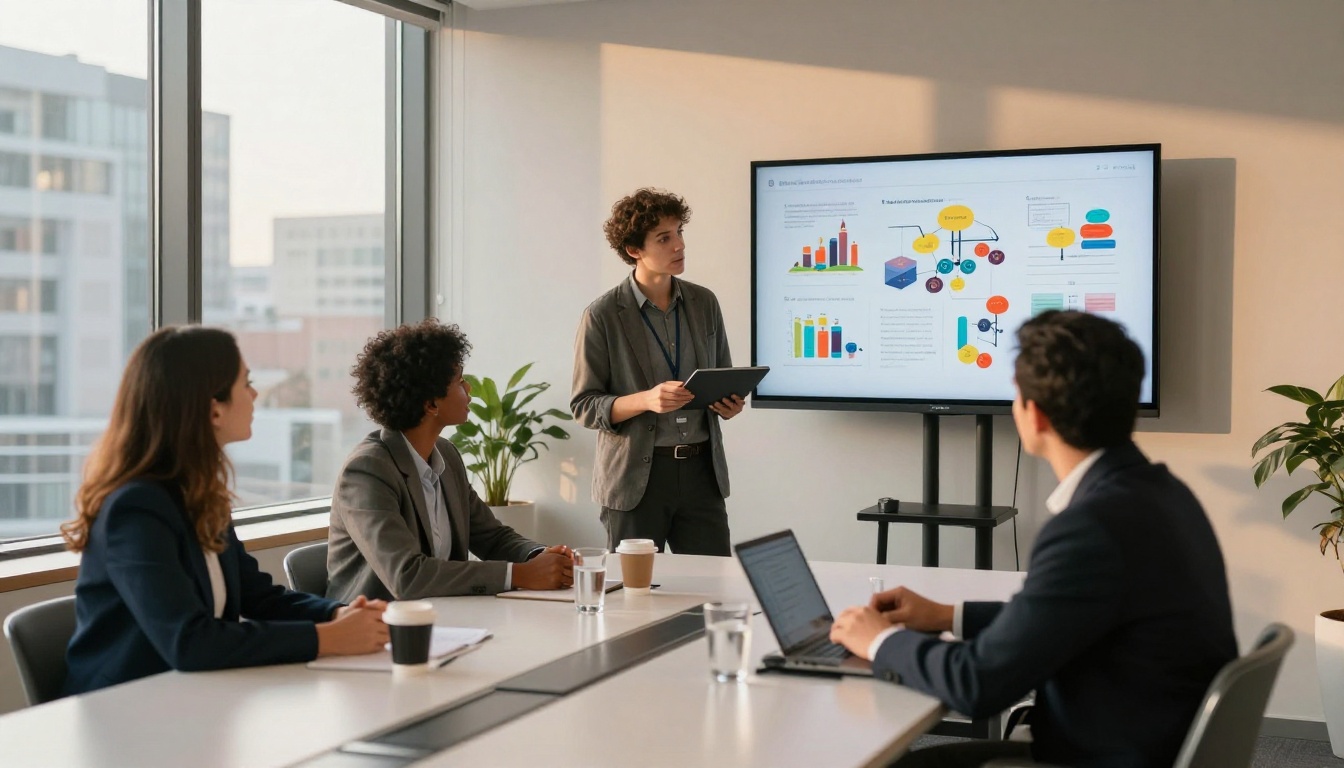 Group of investors in a glass-walled meeting room watching a flipbook presentation on a mounted screen