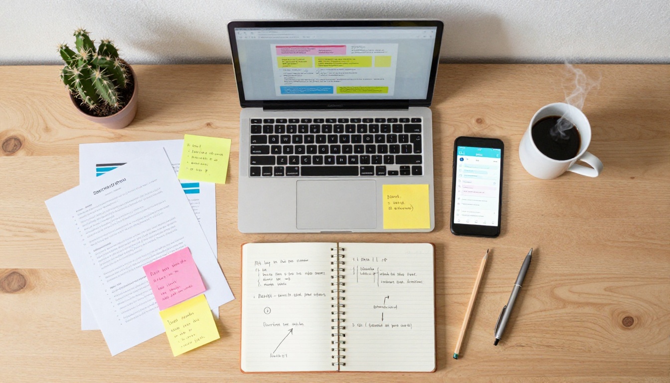 Overhead flat-lay of a pitch preparation workspace with laptop, printed slides, sticky notes, and coffee mug on wood desk
