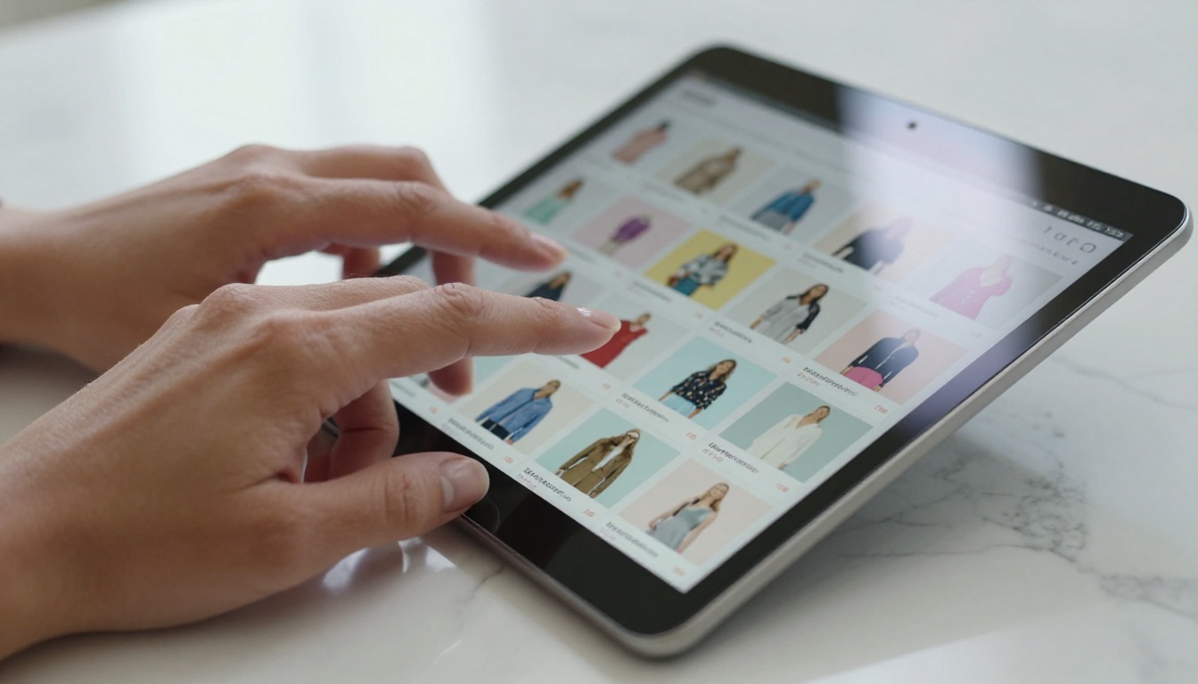 Hands swiping product catalog on tablet over white marble surface