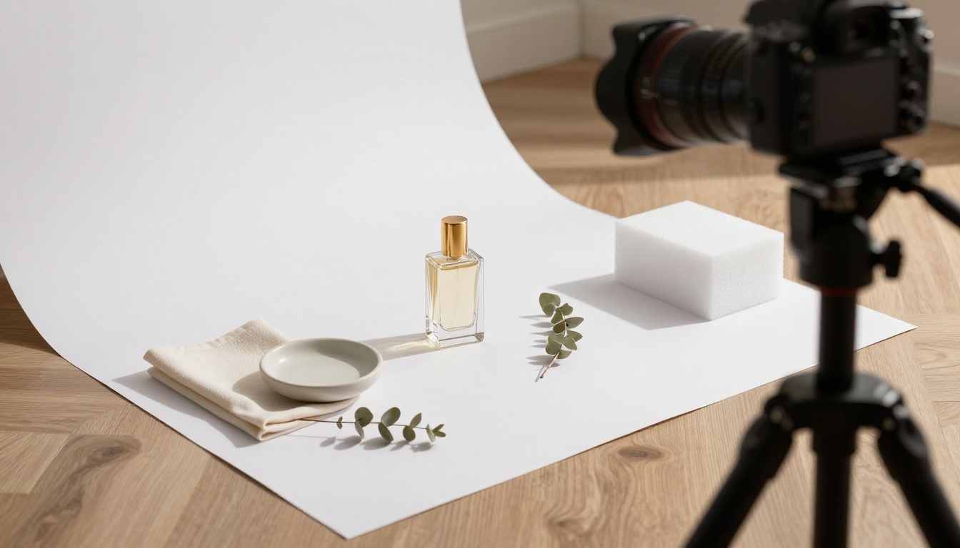 Product photography studio setup with professional lighting and seamless backdrop