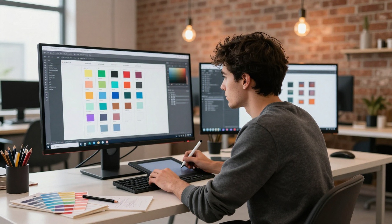 Designer working on digital catalog layout at studio desk with dual monitors