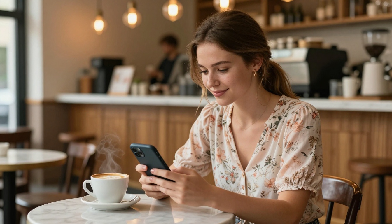 Customer browsing product catalog on smartphone in café