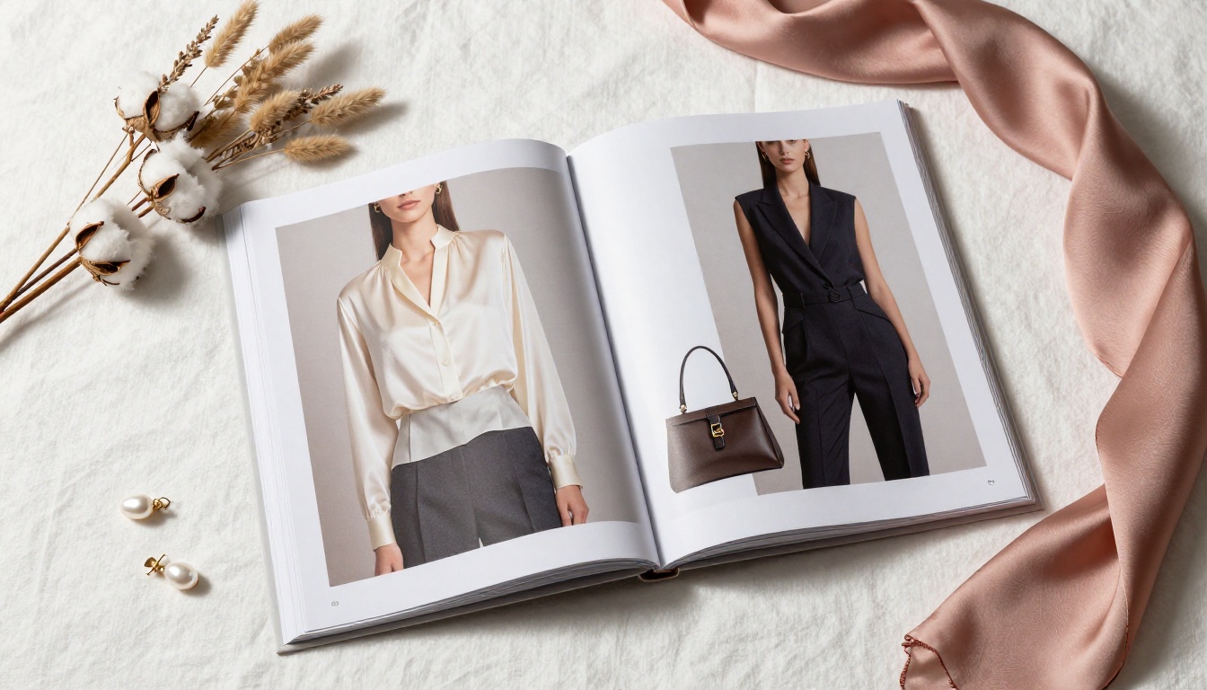 Aerial flat lay fashion catalog spread with accessories and textiles