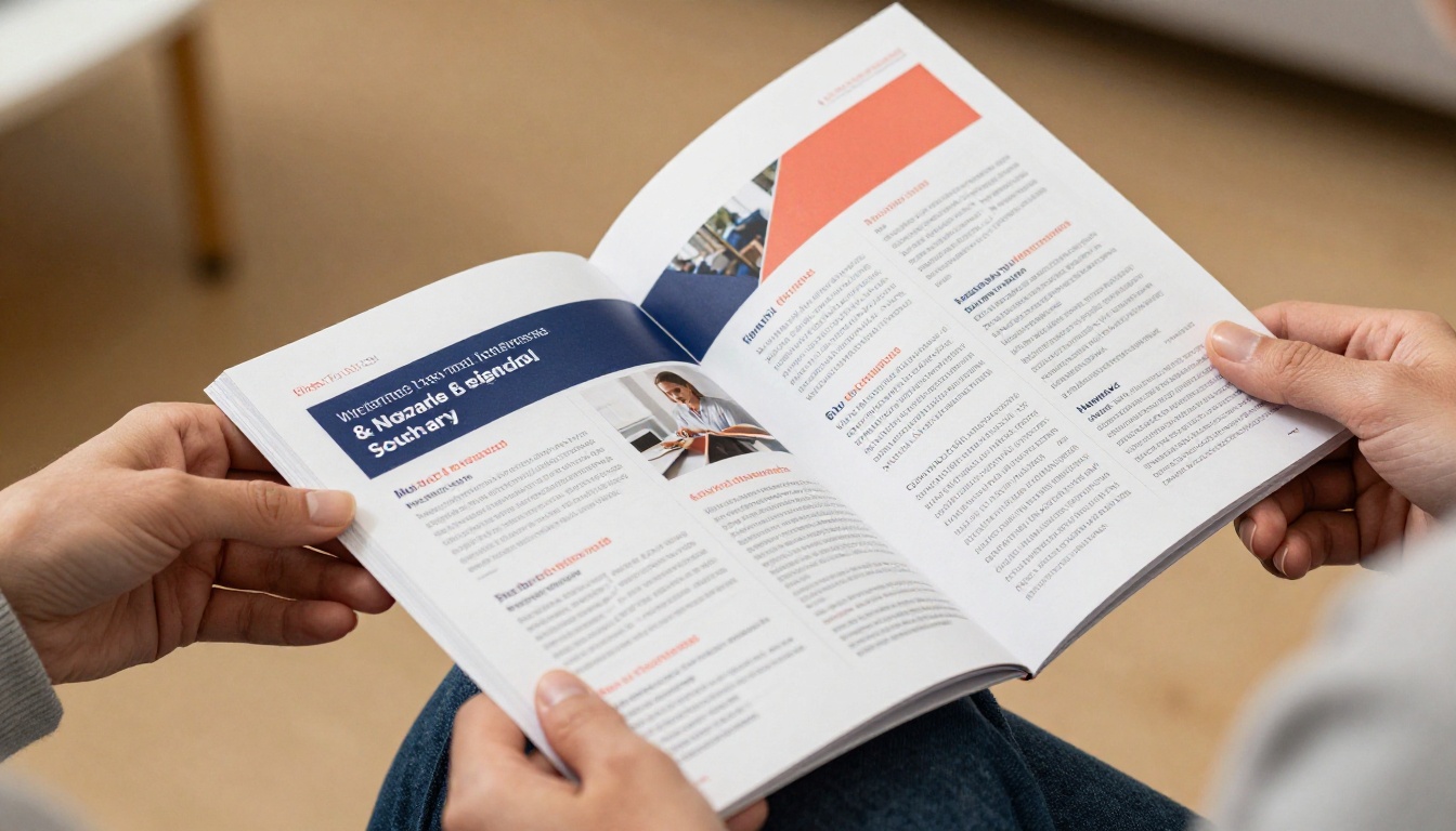 Hands holding a vivid multi-page corporate newsletter in a warm office setting