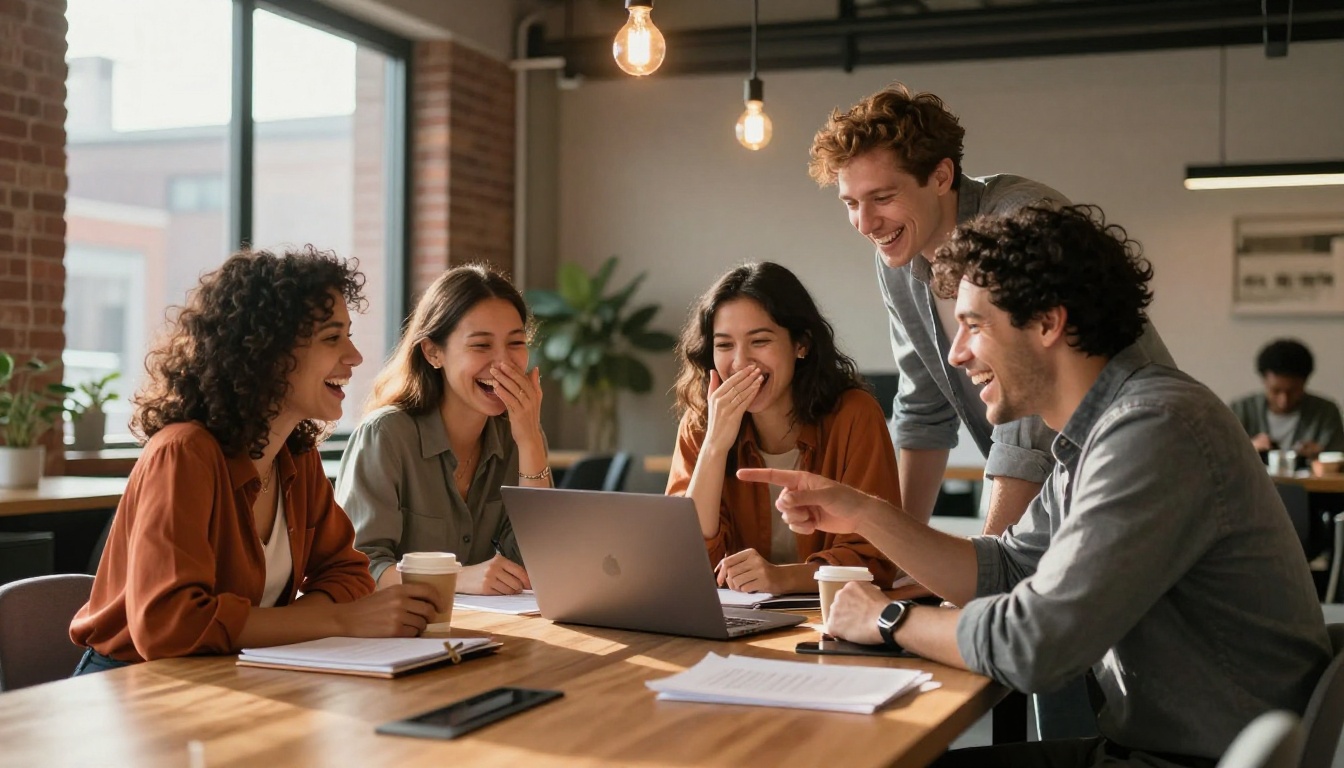 Diverse coworkers laughing together around a laptop at a conference table