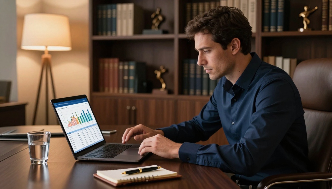 Business professional reviewing catalog analytics on laptop at executive desk