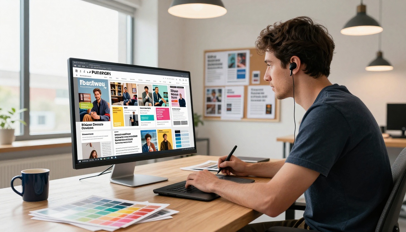 Creative professional designing a newsletter layout on a large monitor in a bright studio