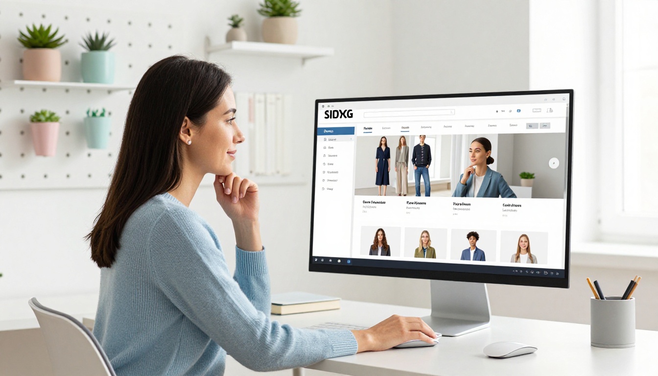 Woman browsing online product catalog on desktop computer in home office