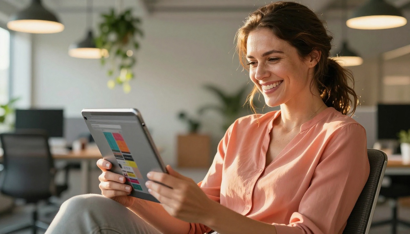 Professional woman smiling while reading a digital publication on a tablet in an office lounge