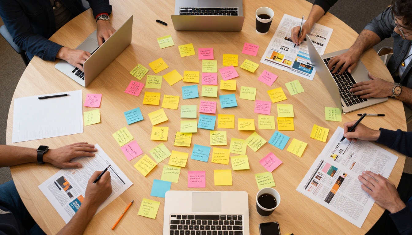 Overhead shot of a brainstorming table with sticky notes, newsletter mockups, and laptops