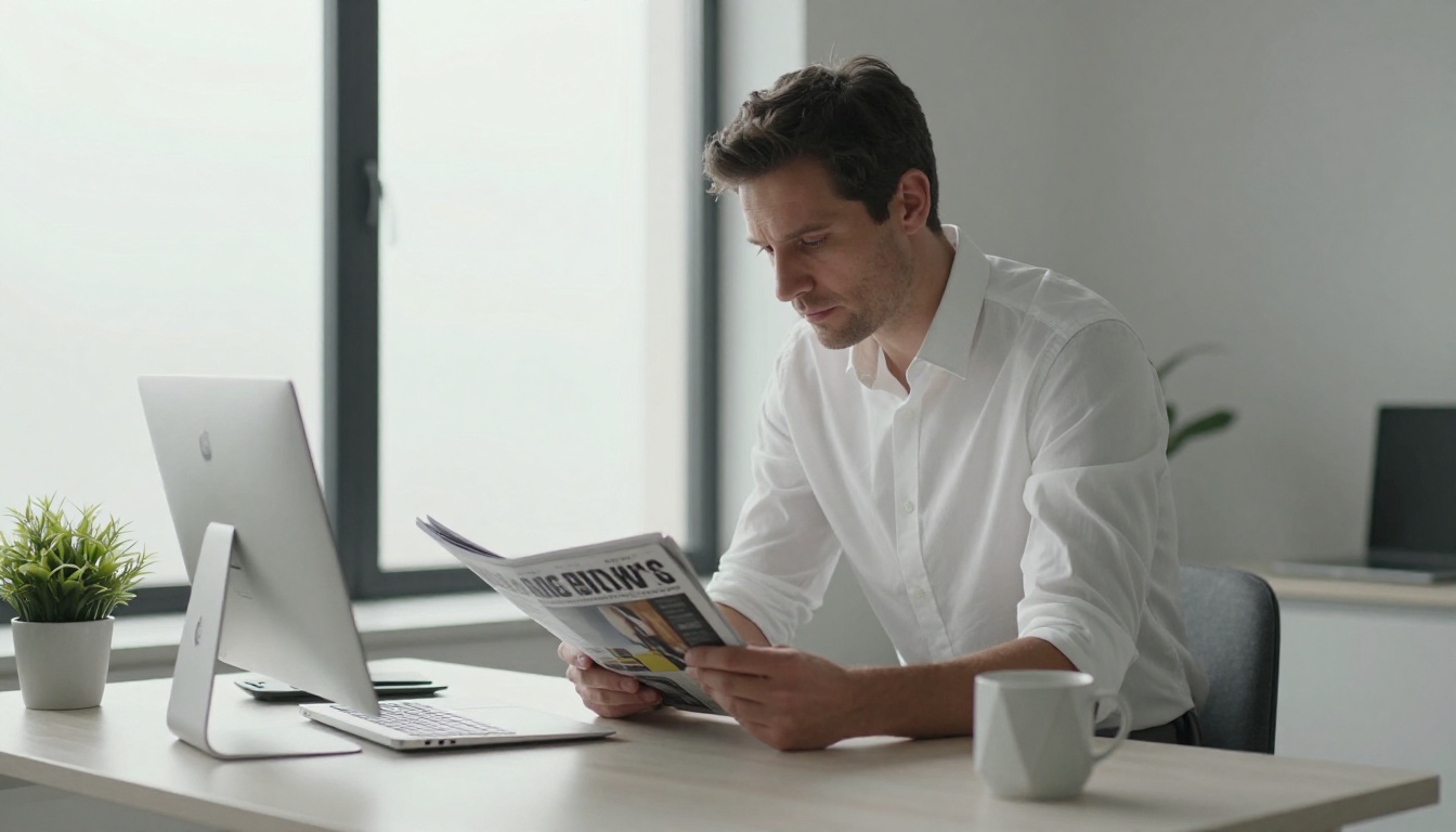 Man at a standing desk reading a magazine-style newsletter with focused attention