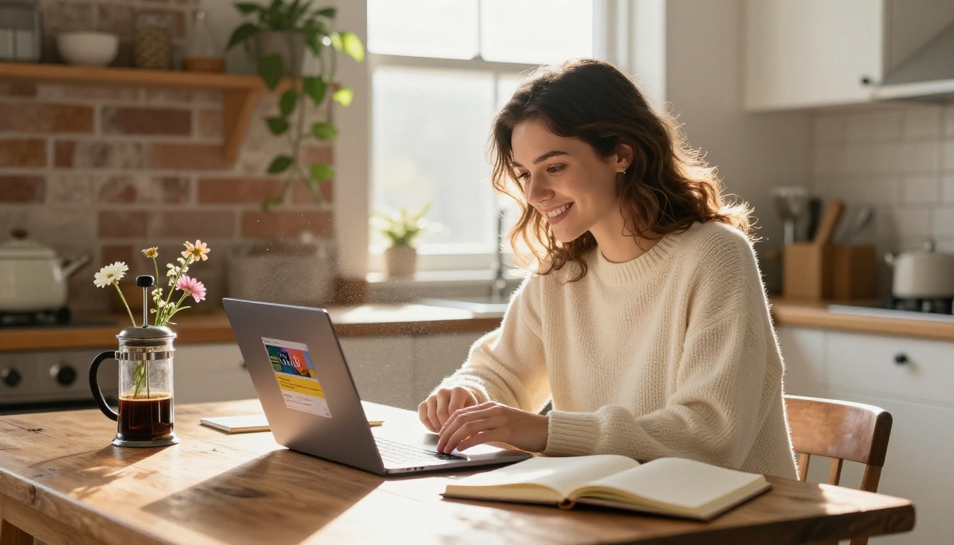 Young woman smiling warmly at her laptop in a sunlit home office setting