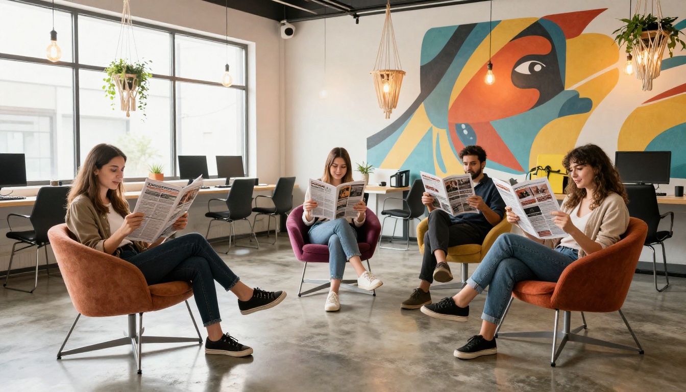 Three young professionals reading newsletters in a vibrant creative office lounge space