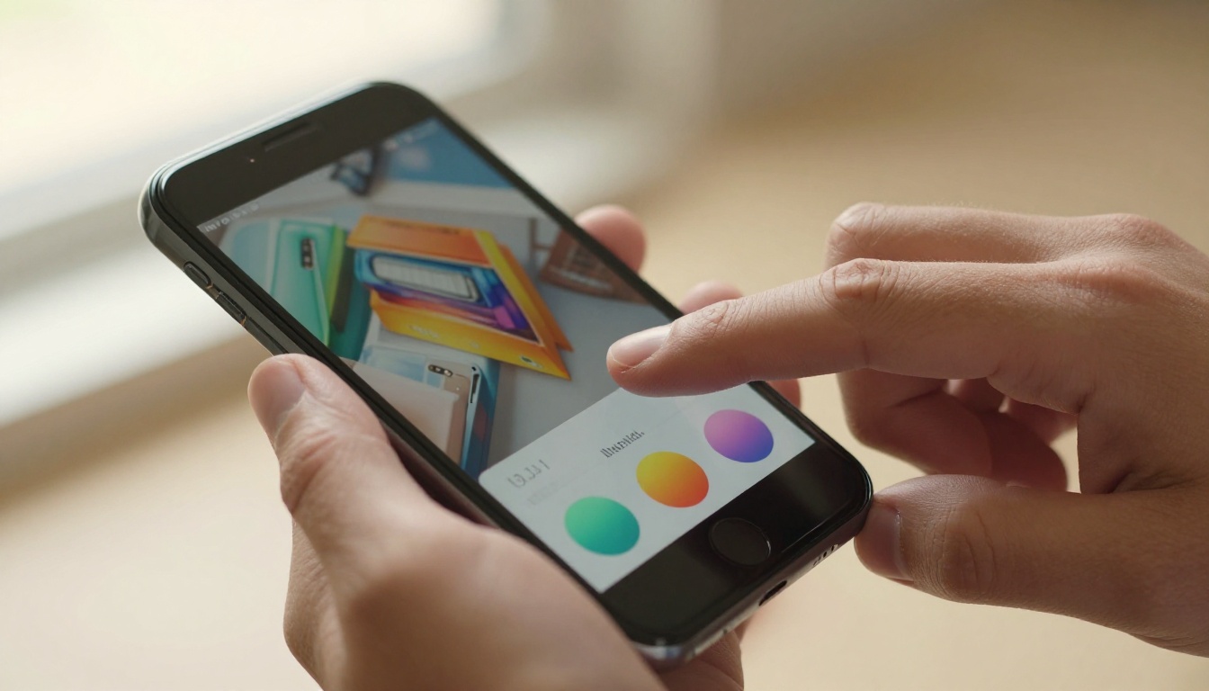 Close-up of hands touching a phone screen designing a colorful digital brochure