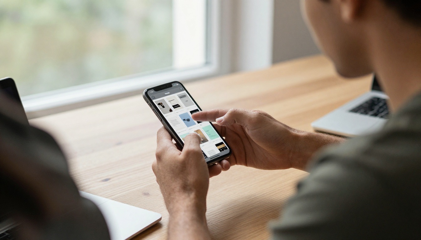 Person scrolling through brochure templates on a smartphone screen at a wooden desk
