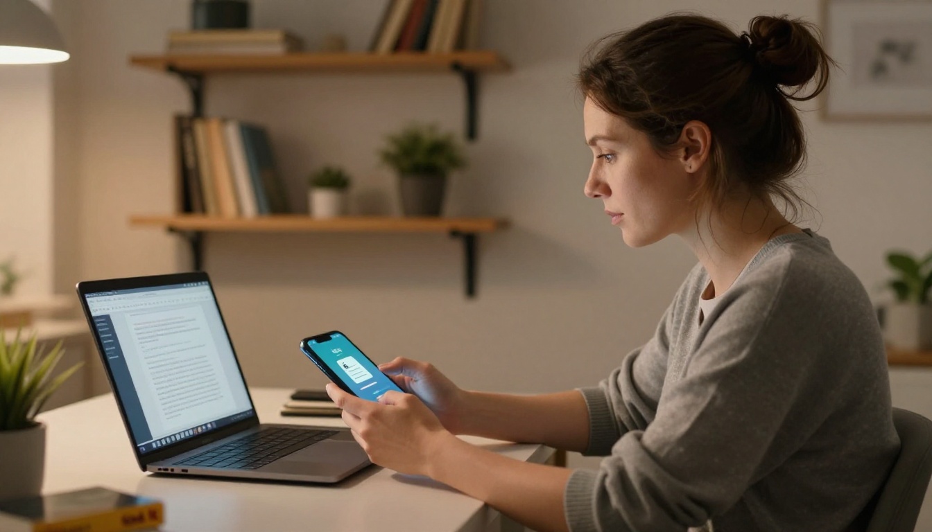 Woman uploading a PDF to a mobile brochure app at a home office desk