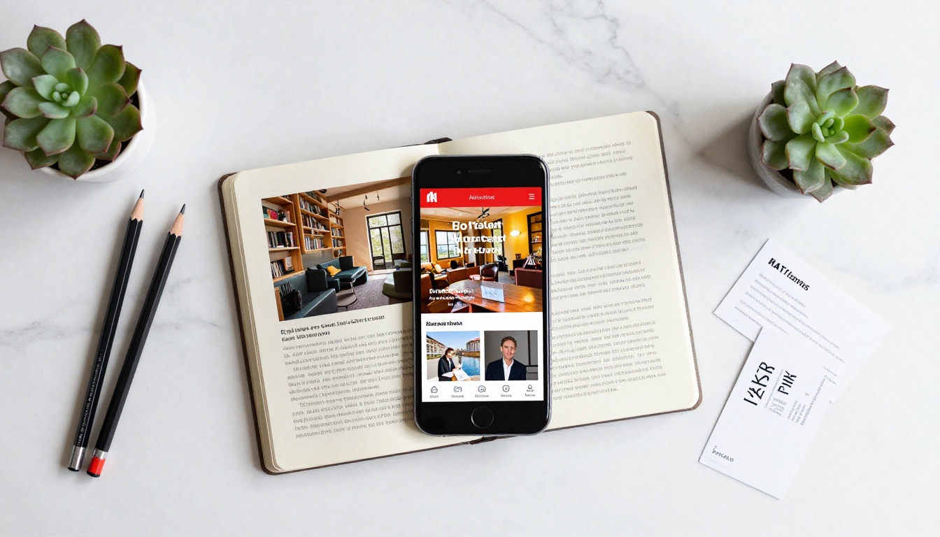 Aerial top-down view of a smartphone on a marble desk showing a vivid digital brochure spread