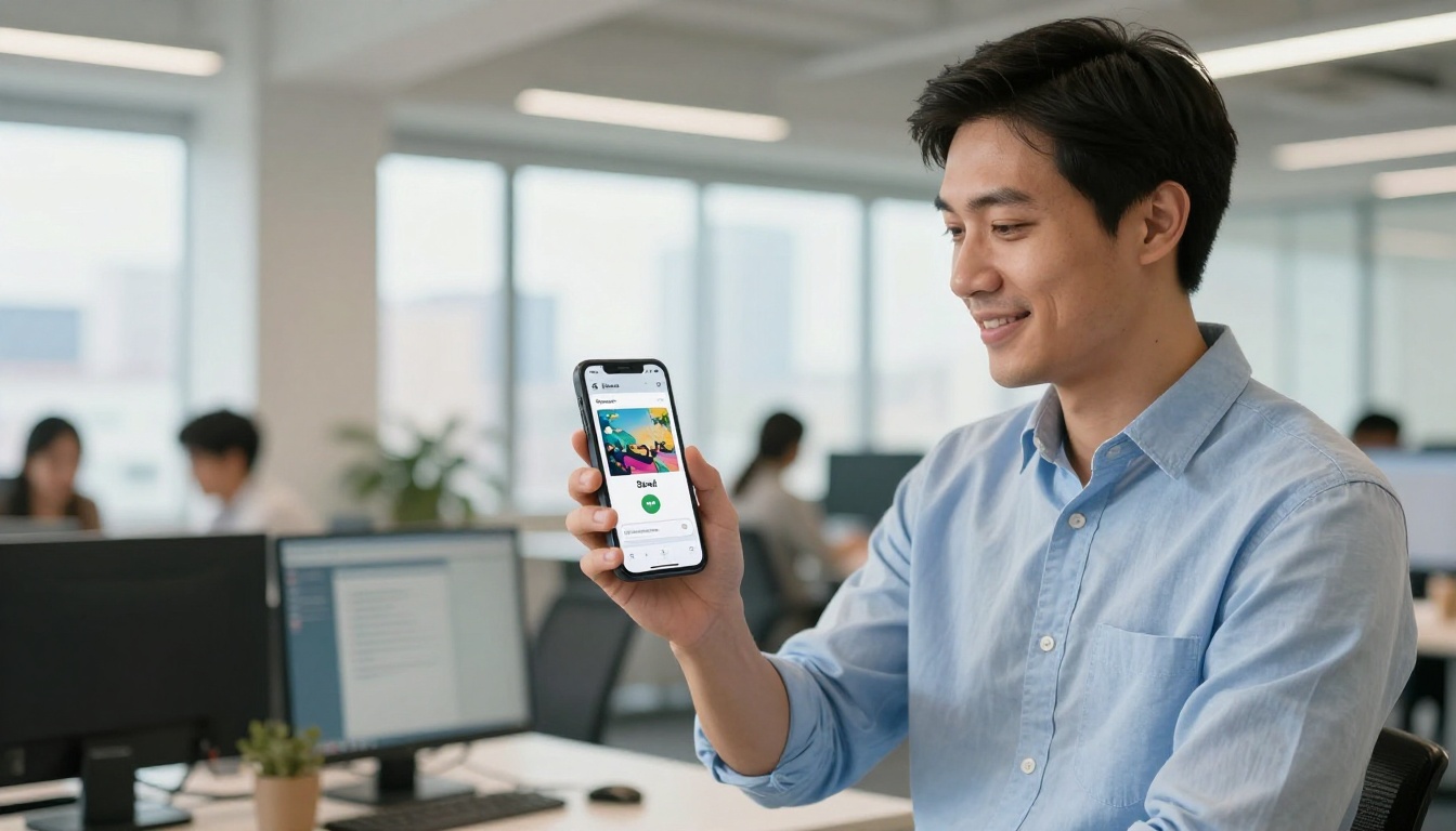 Man sharing a digital brochure link from his phone in a modern office setting