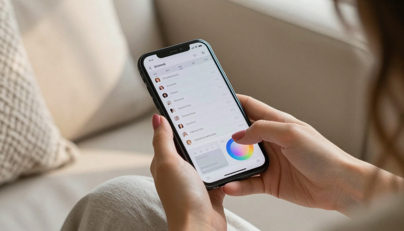 Woman customizing brochure fonts and colors on phone screen on a linen sofa