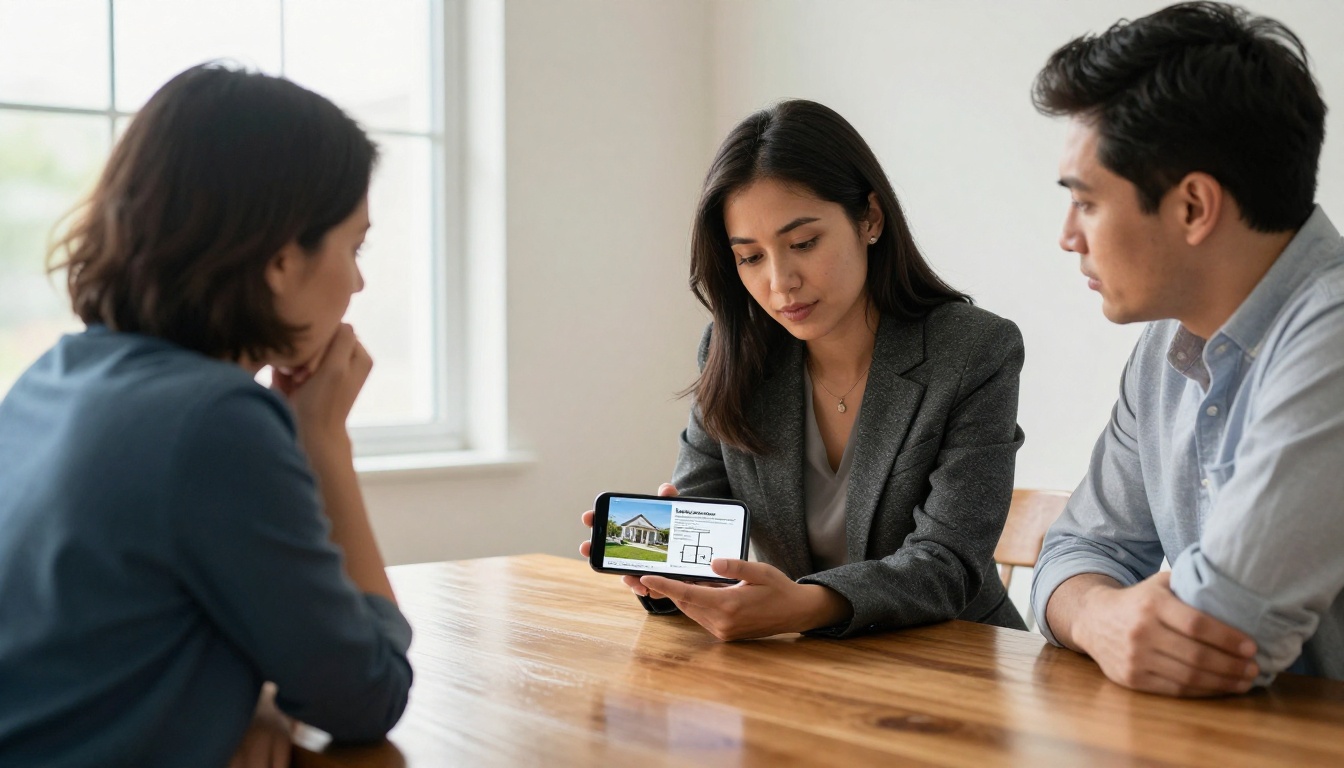 Real estate agent showing a digital property brochure to clients on her phone