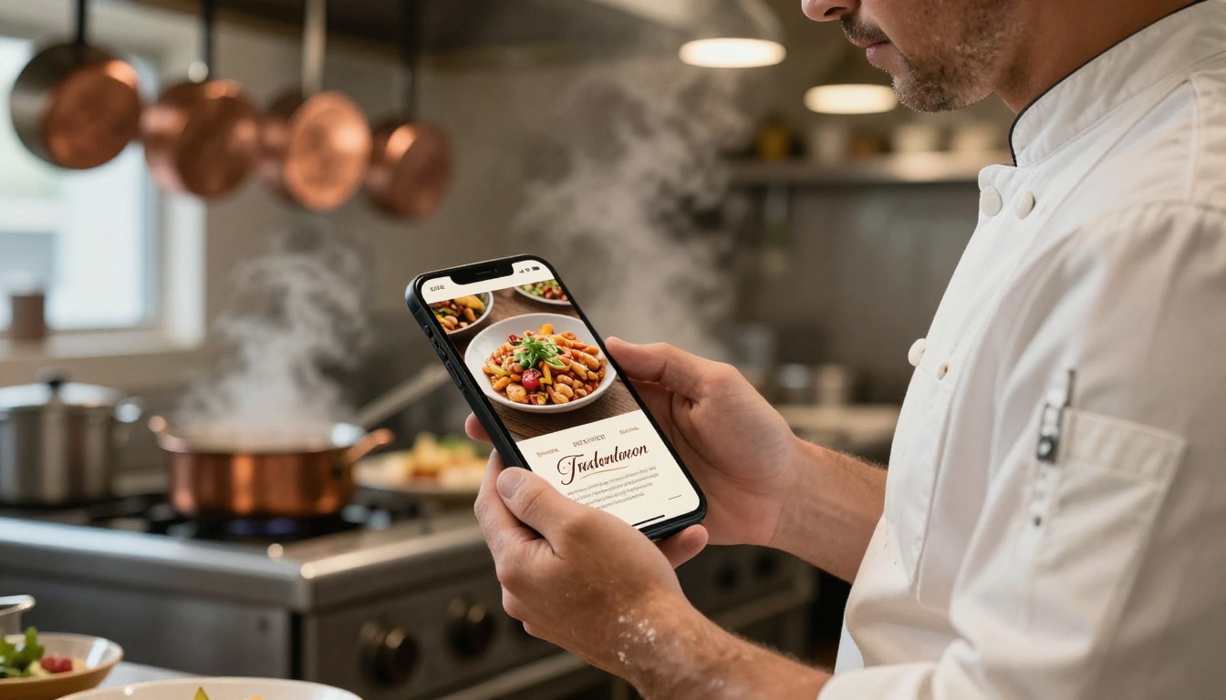 Restaurant owner reviewing a digital menu brochure on his smartphone in the kitchen
