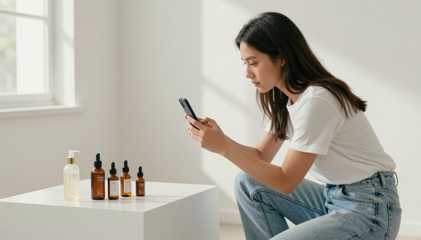 Young woman entrepreneur photographing skincare products with her phone for a brochure