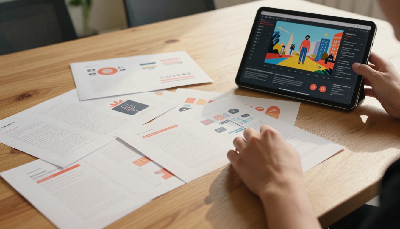 A freelance designer reviewing work spread between printed pages and an animated digital flipbook portfolio on an iPad A freelance designer reviewing work spread between printed pages and an animated digital flipbook portfolio on an iPad