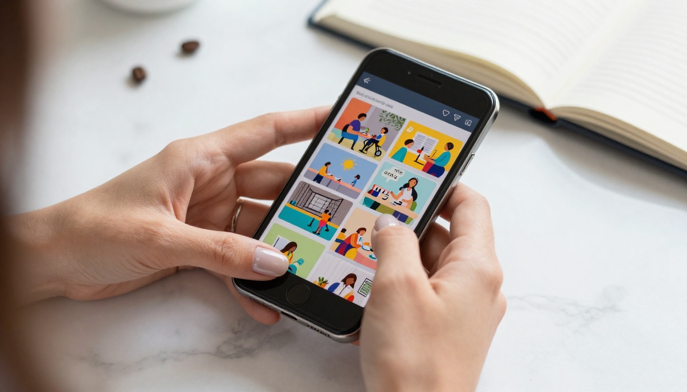 Close-up of hands holding a smartphone showing a vibrant animated flipbook portfolio interface Close-up of hands holding a smartphone showing a vibrant animated flipbook portfolio interface
