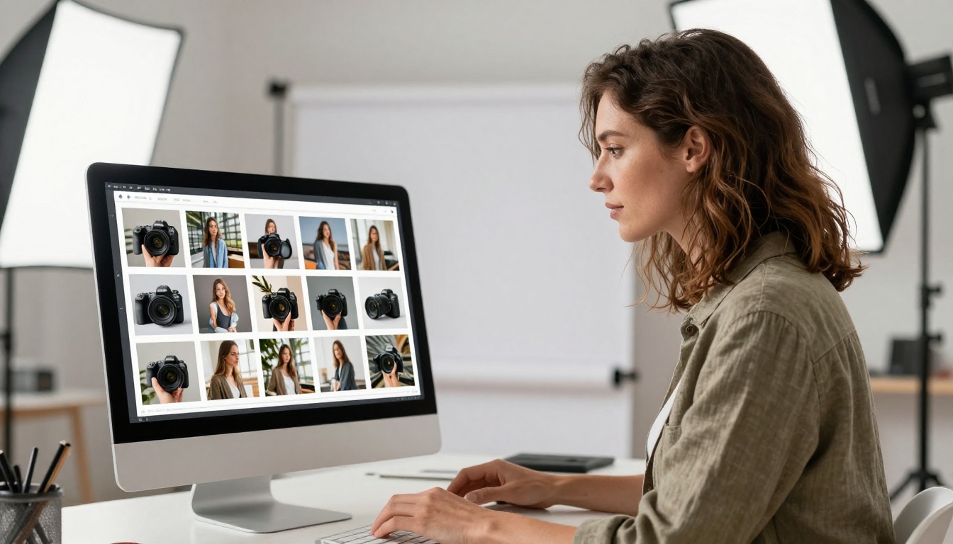 A female freelance photographer reviewing her photography portfolio as a stunning flipbook on a large studio iMac A female freelance photographer reviewing her photography portfolio as a stunning flipbook on a large studio iMac