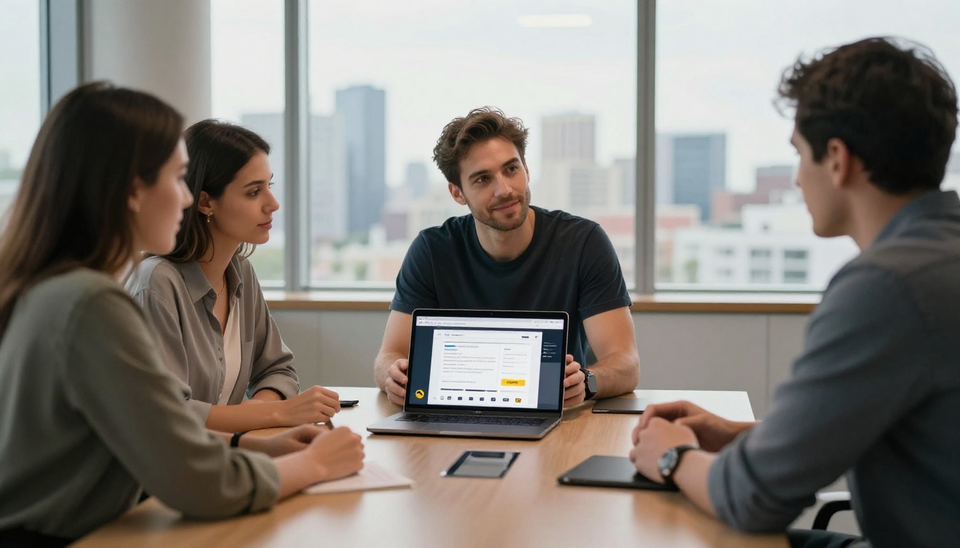 A confident freelancer presenting his digital flipbook portfolio to two engaged clients in a modern conference room A confident freelancer presenting his digital flipbook portfolio to two engaged clients in a modern conference room